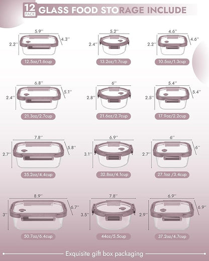 12-Pack Glass Containers with Tempered Lids – Borosilicate, Oven-Safe(-4°F~950°F), Airtight, BPA-Free, Multi-Size for Meal Prep, Dishwasher Safe, 1.6 cups to 6.4 cups (Pink)