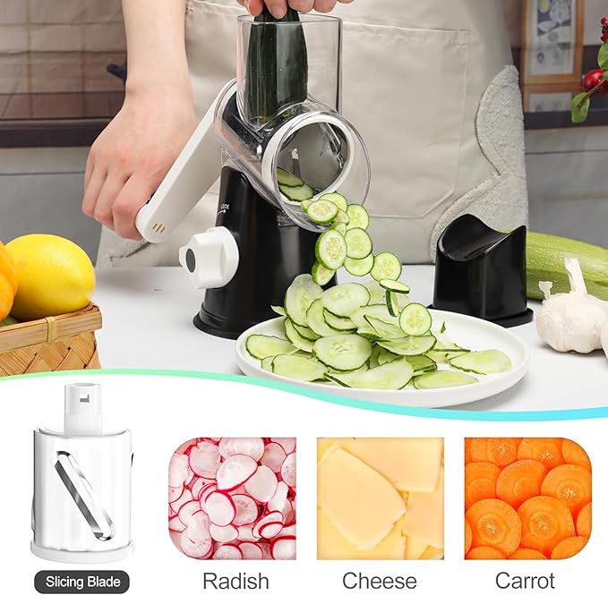 Ourokhome Rotary Cheese Grater Hand Crank, Kitchen Shredder Speed Mandolin Slicer Nuts Grinder with Handle and Drum Blades for Cheese, Vegetable, Walnut, Chocolate, Potato, Carrot, 3 Blades, Black - Image 4