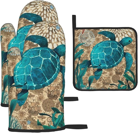Retro Teal Nautical Oven Mitts and Pot Holders Sets,Sea Turtles Oven Gloves Hot Pads, Coastal Kitchen Mitts for Cooking Baking BBQ,Nautical Coastal Beach Ocean Cruise Themed Gifts for Women Sea Lover