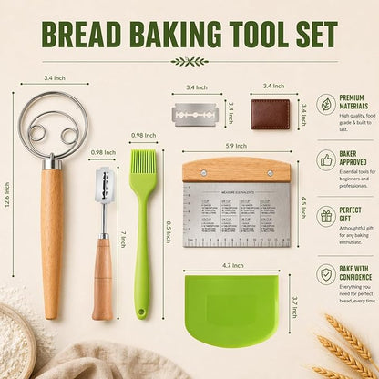 BOORIKA Sourdough Bread Baking Tool Set with Danish Dough Whisk, Bread Lame & Blades, Bench Scraper, Dough Scrapers and Silicone Brush – Sourdough Starter Kit - Image 7