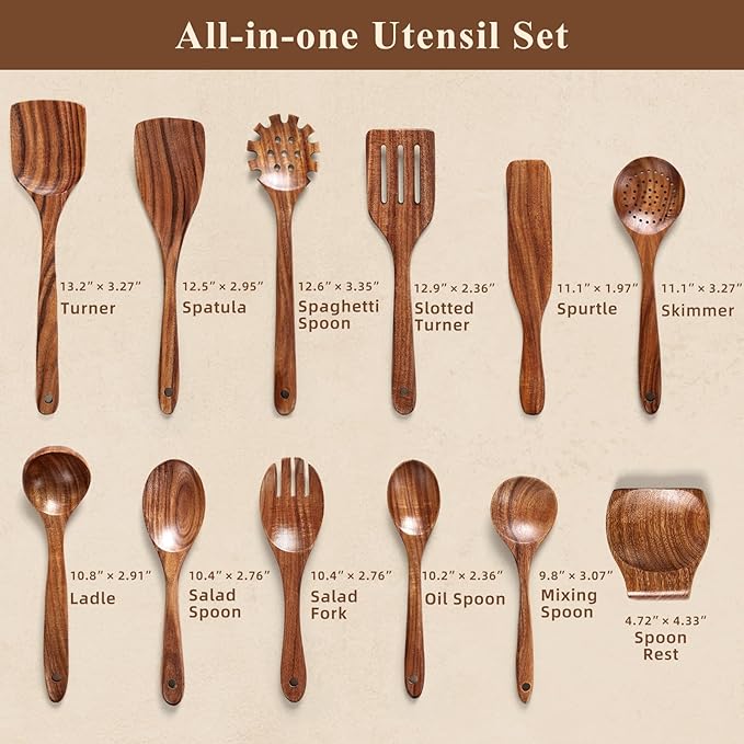 Wooden Spoons for Cooking, 12 Pcs Teak Wood Kitchen Utensils Set with Spoon Rest - Nonstick Heat Resistant Wooden Cooking Utensils, Natural Healthy Spatula Set for Pots and Pans - Image 2