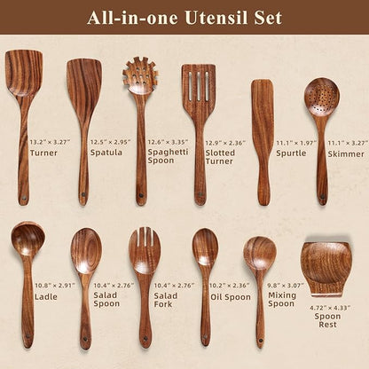 Wooden Spoons for Cooking, 12 Pcs Teak Wood Kitchen Utensils Set with Spoon Rest - Nonstick Heat Resistant Wooden Cooking Utensils, Natural Healthy Spatula Set for Pots and Pans - Image 2