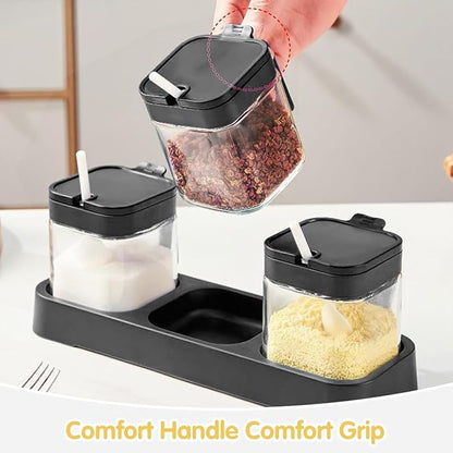 Condiment Jar Spice Container with Lids and Spoons, Kitchen Spice Pot Set of 3, 11oz Clear Glass Condiment Pot with Tray, Kitchen Salt Pepper Sugar Storage Container Jar (black, 300ml)