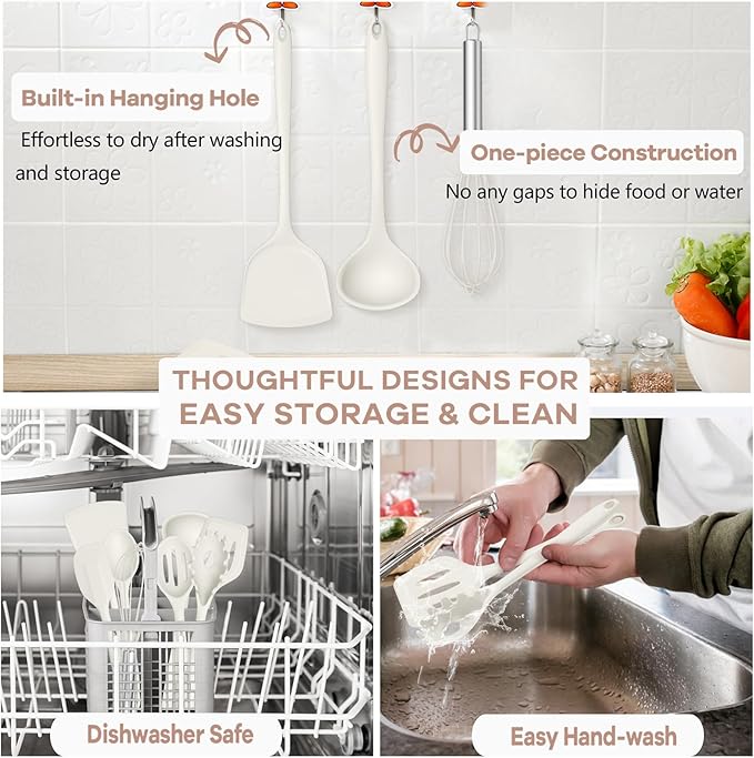 TeamFar Kitchen Cooking Utensils, 10 pcs Silicone Cooking Utensils Set, 446°F Heat Resistant Kitchen Gadgets Tools Set w/Spatula, Turners, Spoons, Soup Ladle, Pasta Server for Nonstick Cookware, White - Image 4