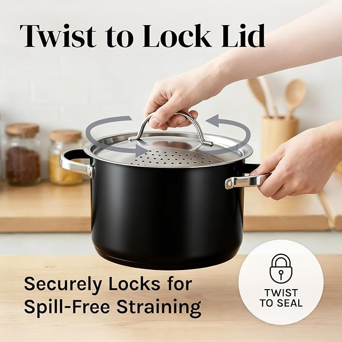 Cooler Concepts Pasta Pot with Strainer Lid - 5.5 Quart Large Spaghetti Pot - Twist & Lock for Easy Drain & No Colander Or Strainer Basket Insert Needed - Dishwasher Safe Pots - Image 3