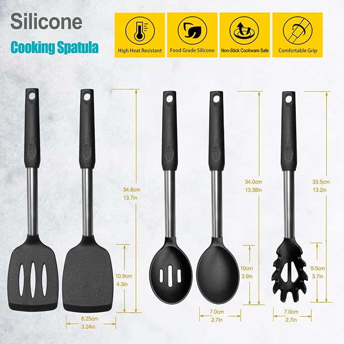 Silicone Spatula and Cooking Spoon,5 Pack Non-Stick Cooking Utensils for Kitchen，Heat Resistant Solid & Slotted Spoons and Spatulas, Stainless Steel Handle Coated with Silicone,Black - Image 2