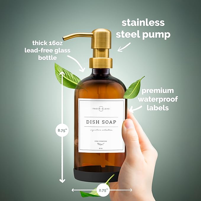 Vine Creations Amber Glass Soap Dispenser, 2 Pack Kitchen Soap Dispenser Set with Stainless Steel Pump, 16 oz Dish Soap and Hand Soap Dispensers for Bathroom with Waterproof Labels - Image 5