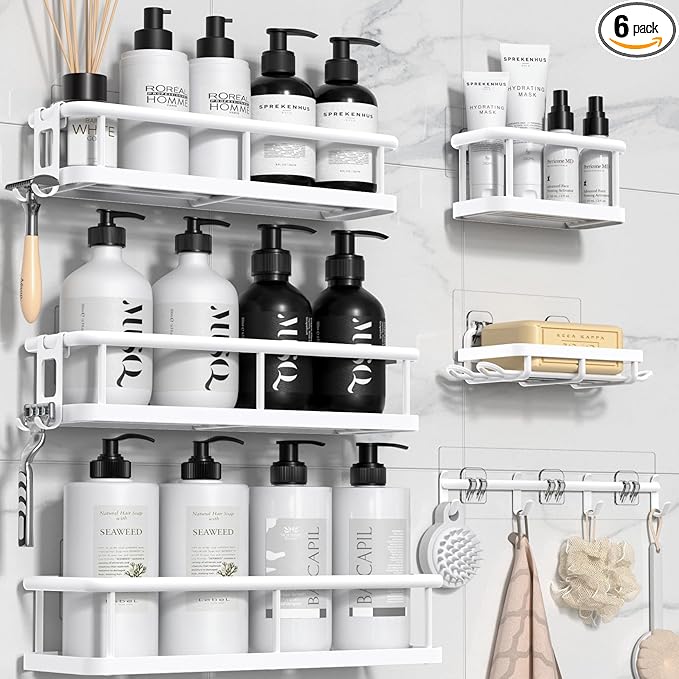 YASONIC Shower Caddy, 6 Pack Large Capacity shower organizer with Soap Holder and 12 Hooks, Rustproof Shelves for Inside Shower, No Drilling&Sleek Bathroom Organizers and Storage White by YASONIC