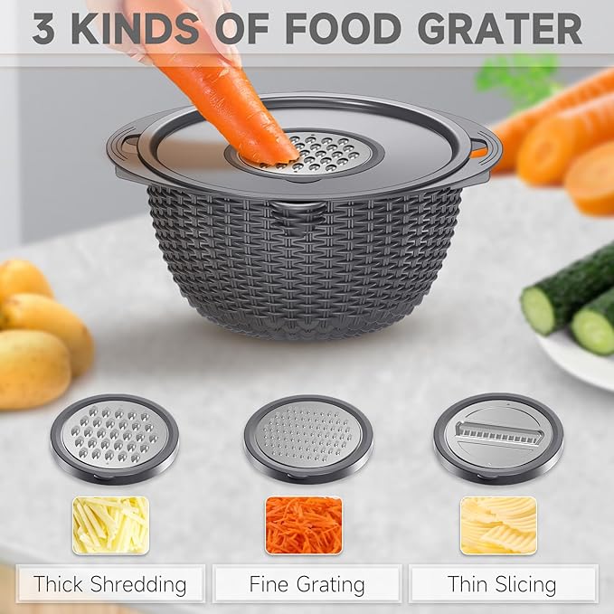 4-1 Colander with Lid Set - Rotatable Strainer With Bowl(Patented), Pasta Strainer with New Upgraded Graters, Strainer And Colanders, Fruit Cleaner, Veggie Wash, Apartment Kitchen Gadgets - Grey - Image 3