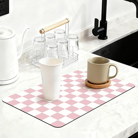 16" x 24" Checkered Dish Drying Mat for Kitchen Counter, Absorbent Coffee Bar Mat for Espresso Machine Coffee Countertops Accessories, Pink by Unknown