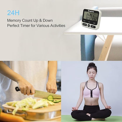 Digital Kitchen Timer - Empino Upgraded 24-Hours Cooking Timer Clock Countdown Multifunction with Big Digits, Loud Alarm, Magnetic Backing Stand, and Memory for Cooking Baking Exercise, White