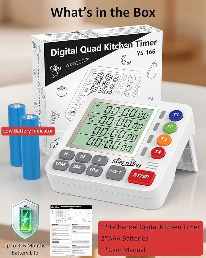 Digital Kitchen Timer for Cooking - 4 Channel Count Up Countdown Timer with Loud Alarm and Silent Mode, Large Display, Magnetic Back, Auto Memory for Classroom Study Gym, Battery Included (White) - Image 8