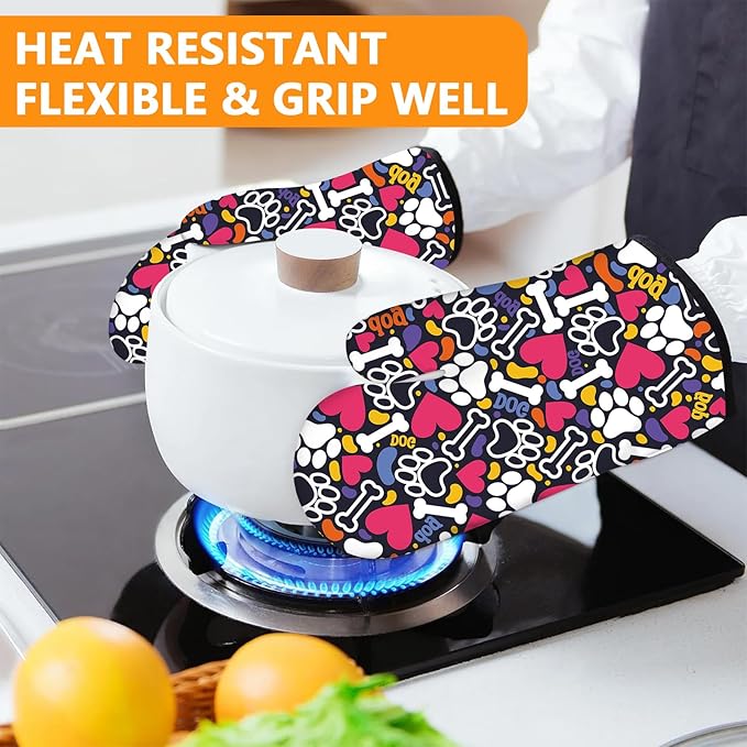 Paw Prints Oven Mitts and Pot Holders Sets 4Pcs,Extra Long Oven Gloves Potholder for Kitchen Cooking Baking BBQ 100% Cotton Heat Resistant - Image 6