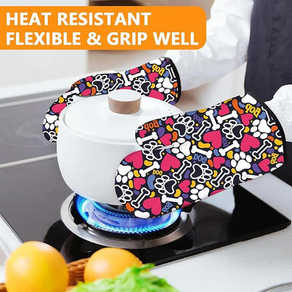 Paw Prints Oven Mitts and Pot Holders Sets 4Pcs,Extra Long Oven Gloves Potholder for Kitchen Cooking Baking BBQ 100% Cotton Heat Resistant - Image 6