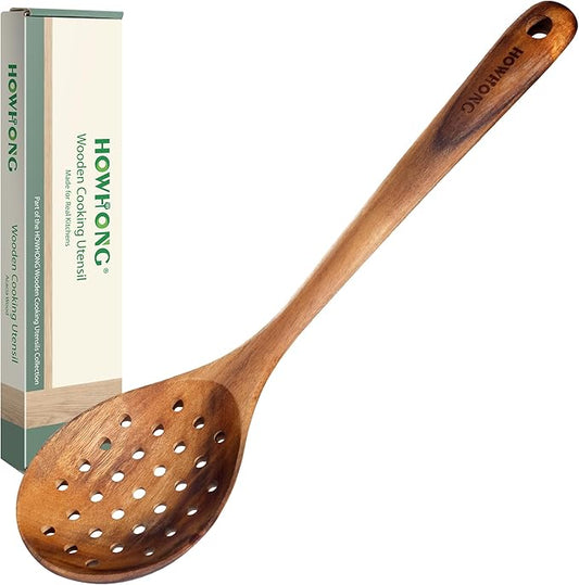 HOWHONG Slotted Spoon Wooden Cooking Utensil, Long Handle Acacia Wood Spoon for Cooking, Draining Spoon for Vegetables Pasta and Frying, Nonstick Cookware Safe, Bare Wood Feel for Daily Kitchen Use