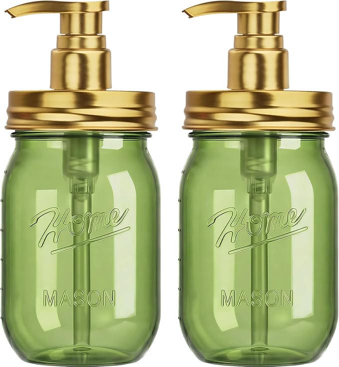 Amolliar Plastic Mason Jar Soap Dispenser with Pump Lid,16OZ Refillable Hand Soap Dispenser Set with Cute Lables - Farmhouse Decor for Kitchen Bathroom, Liquid Soap, Dish Soap, Lotion (2 Pack, Green) by Amolliar
