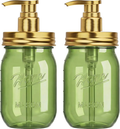 Amolliar Plastic Mason Jar Soap Dispenser with Pump Lid,16OZ Refillable Hand Soap Dispenser Set with Cute Lables - Farmhouse Decor for Kitchen Bathroom, Liquid Soap, Dish Soap, Lotion (2 Pack, Green) by Amolliar