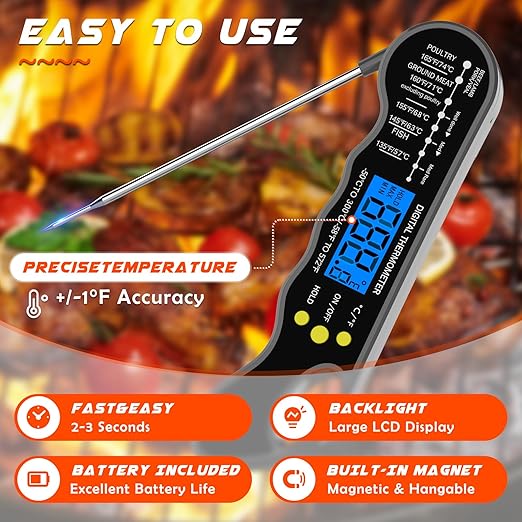 Instant Read Meat Thermometer, Fast & Accurate Digital Food Thermometer with Backlight, LCD Display, IPX6 Waterproof, Calibration Function for Cooking, Frying, Grilling, and Baking (Dark Gray) - Image 4