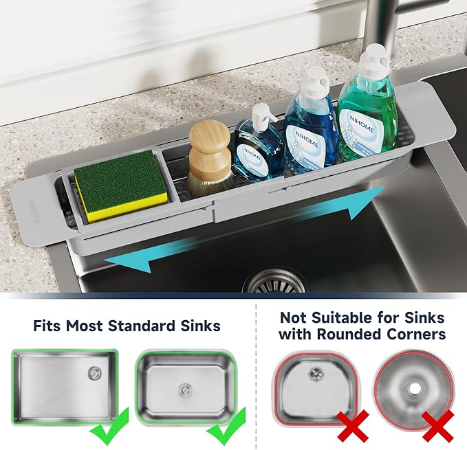 NiHome Extendable Sink Kitchen Organizer, Extra Long Telescopic Brush Storage Rack for Sponge, Non-Slip Pads Expandable Sink Caddy, Adjustable Sponge/Brush Rack with Drainage Durable ABS (Gray) - Image 5
