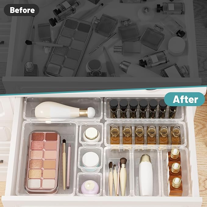 WOWBOX 24 PCS Clear Plastic Drawer Organizer Set, 4 Sizes Desk Drawer Organization and Storage Containers for Makeup, Cosmetics, Jewelry and Gadgets in Kitchen, Bathroom, Bedroom, Office, Clear - Image 5