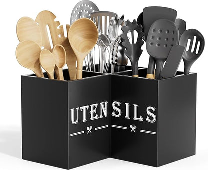 ZUJJAFY Utensil Holder for Kitchen Counter, Corner Kitchen Utensil Holder for Countertop with 3 Compartments, Wooden Cooking Utensil Organizer for Spatula Storage, Black