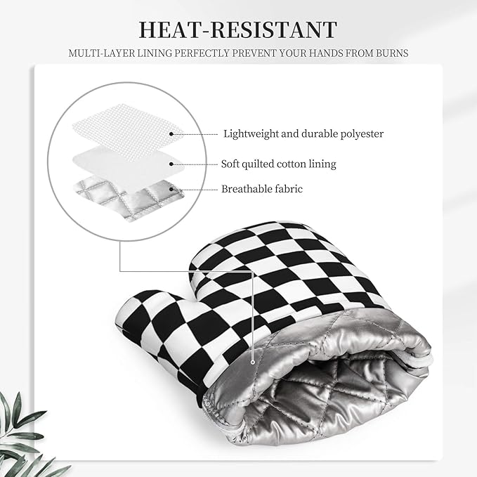 Black White Checkered Oven Mitts and Pot Holders Sets of 4, Heat Resistant Silicone Oven Mittens and Potholders Gloves Hot Pads for Kitchen Cooking Baking Grilling BBQ Chef - Image 3