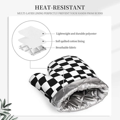 Black White Checkered Oven Mitts and Pot Holders Sets of 4, Heat Resistant Silicone Oven Mittens and Potholders Gloves Hot Pads for Kitchen Cooking Baking Grilling BBQ Chef - Image 3