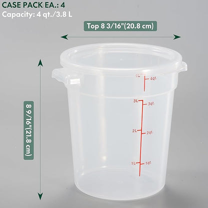 CURTA 4 Quart Translucent Round Food Storage Container with Lid, Pack of 4 – NSF Listed, BPA-Free, Commercial-Grade Polypropylene, Freezer & Dishwasher Safe, Non-Stick, Easy-Read Graduations