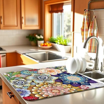 Boho Drying Mat 16" X 18" Boho Flower Kitchen Counter Stone Large Dish Drying Mats For Kitchen Counter Abstract Boho Floral Drying Mats For Home Counter Drying Mats For Dishes Table Mat Drying Mat - Image 2