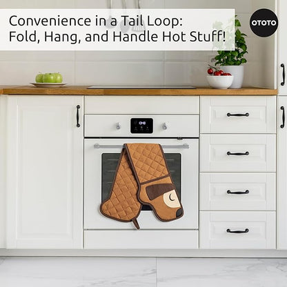 OTOTO Hot-Dog Double Oven Mitts Cute Funny - Gifts for Dog Lovers, Dachshund Themed Gifts, Heat Resistant, Kitchen Gadgets (Brown)