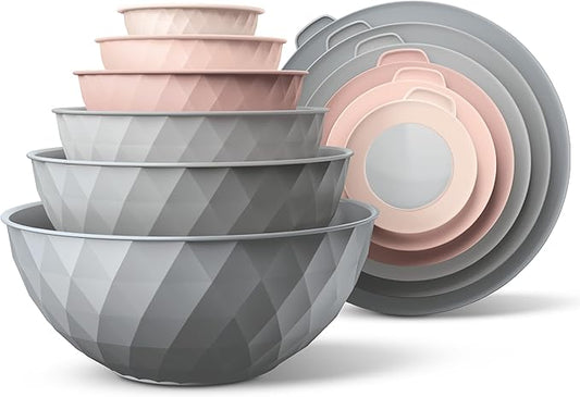 COOK WITH COLOR Mixing Bowls with Lids - 12 Piece Plastic Nesting Bowls Set includes 6 Prep Bowls and 6 Lids, Microwave Safe Mixing Bowl Set, Grey/Pink Diamond by CookwithColor
