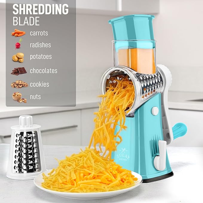 Zulay Kitchen Rotary Cheese Grater 5 Blade Cheese Shredder - Manual Hand Crank Cheese Grater With Reinforced Suction & 5 Interchangeable Drums - Easy to Use, Vegetable Chopper Round Mandoline Slicer - Image 3