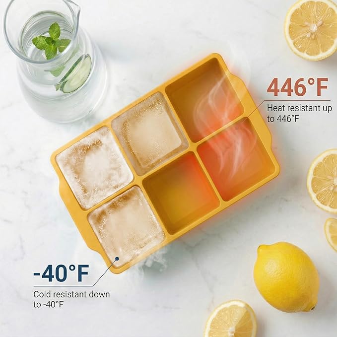 KitchFort Large Silicone Ice Cube Tray (2-Pack), Easy Release 2" Big Ice Cubes - Cocktail, Whiskey Ice Cubes Mold - Ice Trays for Freezer with Lid - Stackable Silicone Ice Tray - Mustard Yellow - Image 6