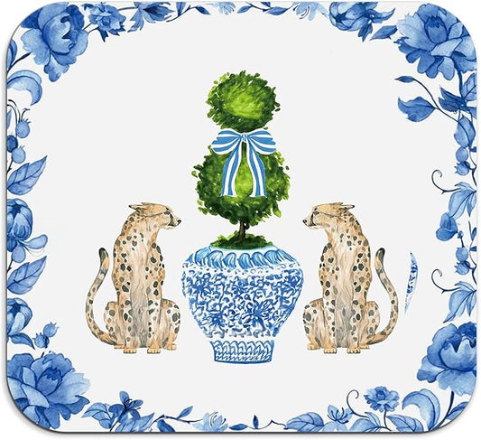 Chinoiserie Dish Drying Mat - Blue And White Porcelain Dish Drying Mat,Chinoiserie Leopard Drying Mat For Kitchen Counter,Coffee Bar Mat,Vintage Chinoiserie Drying Mat,16x17.5 Inch