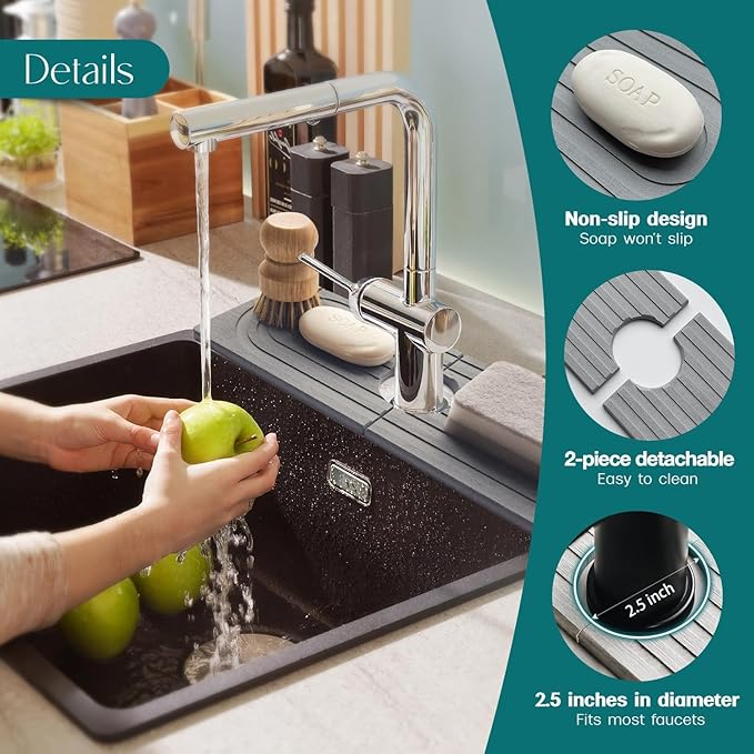 eormoe Faucet Mat for Kitchen Sink - Wider Diatomite Fast Drying Stone Sink Tray, Super Absorbent, Prevents Moisture Buildup - Faucet Splash Guard for Bathroom Counter (Grey, 15x5.3inch) - Image 8