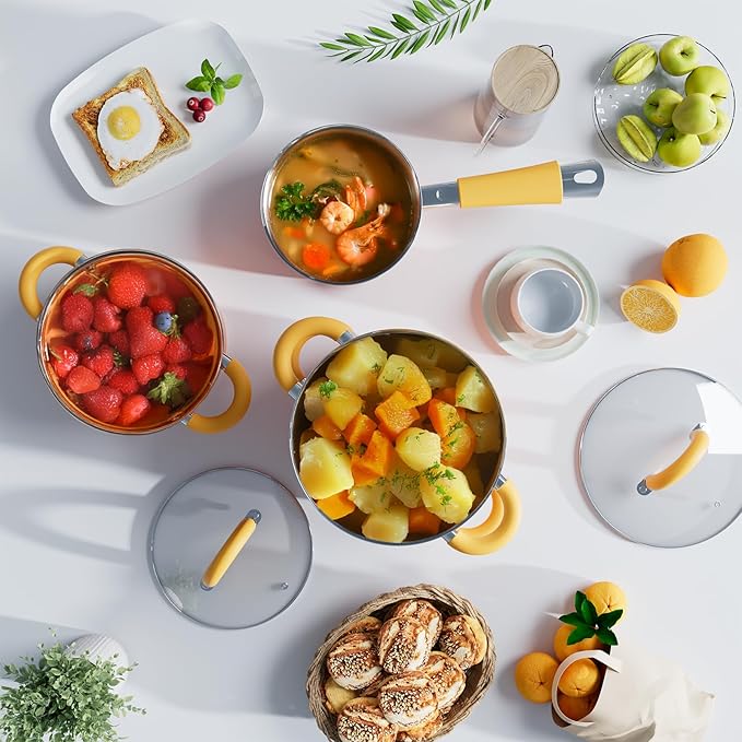 Stainless Steel Cookware Set, 5 Ply Pots and Pans Set 7 Piece, 4 3 2 QT Pot Pan with Lid and Steaming, Compatible with All Stovetops, Dishwasher Safe