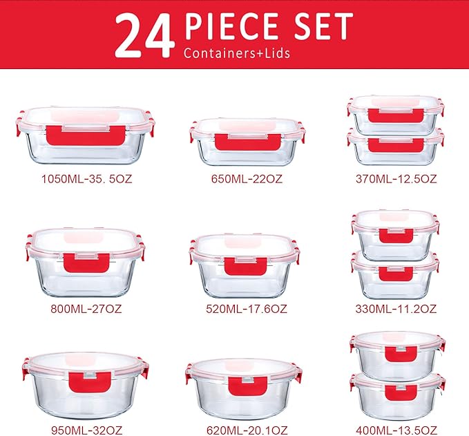 M MCIRCO 24-Piece Glass Food Storage Containers with Locking Lids,Glass Meal Prep Containers Set - Airtight Lunch Containers, Microwave, Oven, Freezer and Dishwasher, Red - Image 2
