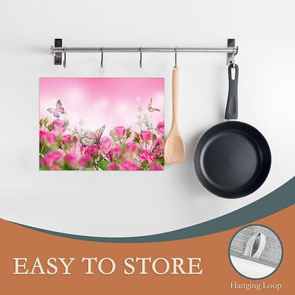 Pink Roses Flowers Dish Drying Mat for Kitchen Counter Decor,Butterflies Dish Drying Rack Pad Absorbent Reversible Microfiber for Coffee Tableware Sink Countertop 18x24 Inch