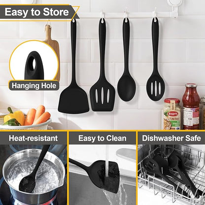 P&P CHEF Kitchen Utensil Set, 4 Pieces Non-stick Silicone Cooking Utensils, Heat-resistant Slotted Solid Spoon Turner for Frying, Mixing, Serving, Non-toxic & Easy to Clean, Black - Image 7