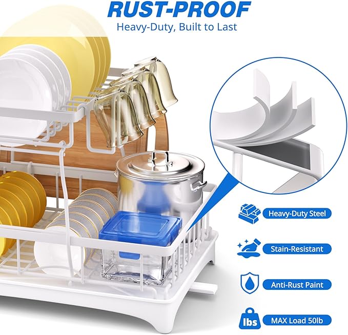 Godboat Dish Drying Rack, 2-Tier Dish Rack with Auto-Drain & Mat, Dish Racks for Kitchen Counter, Dish Drainer with Knife, Fork & Cup Rack, Gifts for Women, Mothers Day, Kitchen Gadgets, White - Image 4