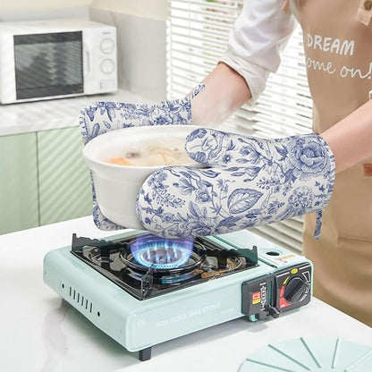 Vintage Flower Blue and White Leaves Oven Mitts and Pot Holders Sets of 4, Heat Resistant Silicone Oven Mittens and Potholders Gloves Hot Pads for Kitchen Cooking Baking Grilling BBQ Chef