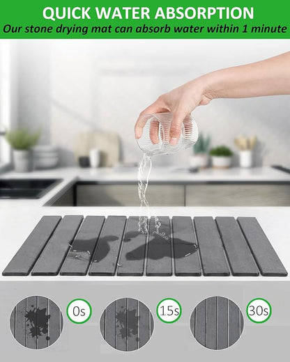 Large Stone Dish Drying Mat for Kitchen Counter, 24x16 Inches Foldable Food-grade Material Super Absorbent Diatomaceous Earth Mats with Self-drying for Dishes Sink Bathtub, Dark Grey