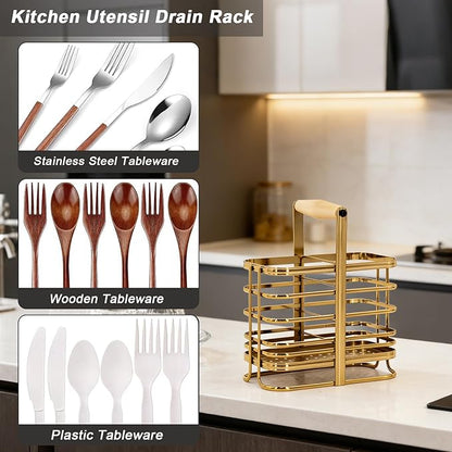 Caliamary Utensil Holder, Stainless Small Stainless Steel Cutlery Drainer Caddy for Kitchen Counter, Silverware Cutlery Flatware Holder Forks, Knives, Spoons, Chopsticks Organizer (Gold)