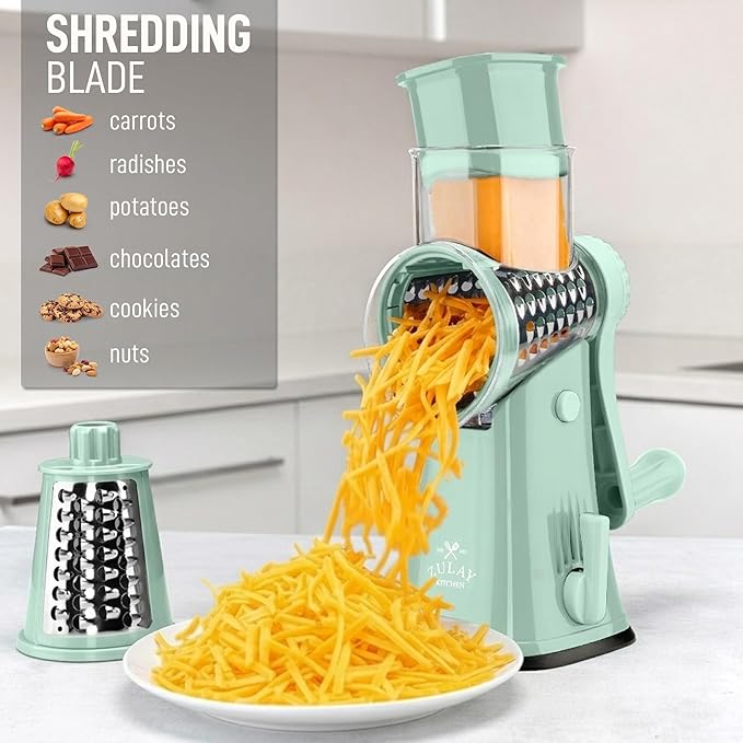 Zulay Kitchen Rotary Cheese Grater 5 Blade Cheese Shredder - Manual Hand Crank Cheese Grater With Reinforced Suction & 5 Interchangeable Drums - Easy to Use, Vegetable Chopper Round Mandoline Slicer - Image 3