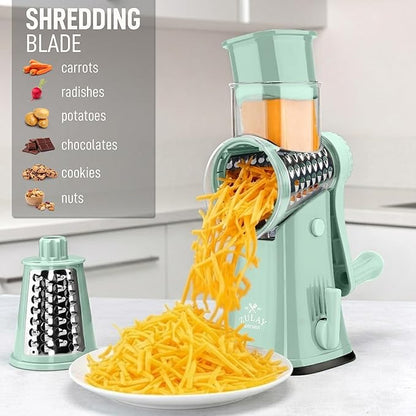 Zulay Kitchen Rotary Cheese Grater 5 Blade Cheese Shredder - Manual Hand Crank Cheese Grater With Reinforced Suction & 5 Interchangeable Drums - Easy to Use, Vegetable Chopper Round Mandoline Slicer - Image 3