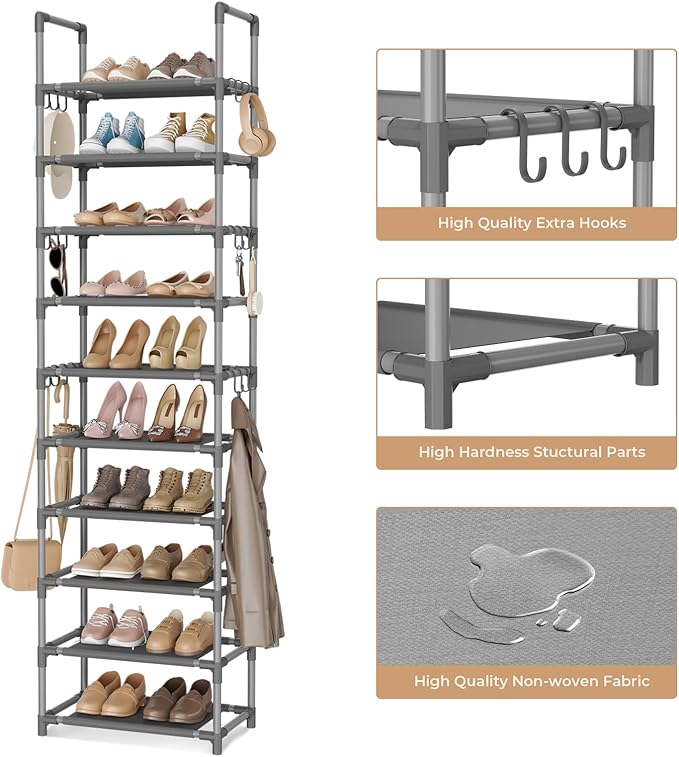 VTRIN 10 Tiers Tall Shoe Rack Holds 20-25 Pairs of Shoes Sturdy Vertical Shoe Organizer with 18pcs Hooks Stackable Narrow Shoe Rack for Closet, Entryway Grey - Image 4
