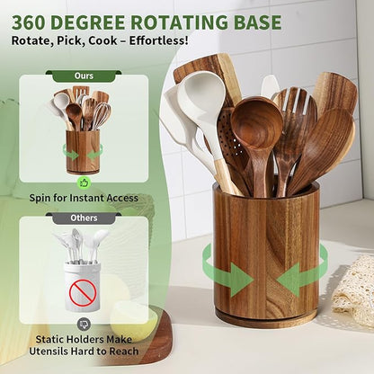 Wooden Utensil Holder, 360°Rotating 7.3'' Large Utensil Holder for Kitchen Counter, Kitchen Utensil Organizer, Utensil Crock, Farmhouse Kitchens Countertop Decor, Acacia Wood - Image 2