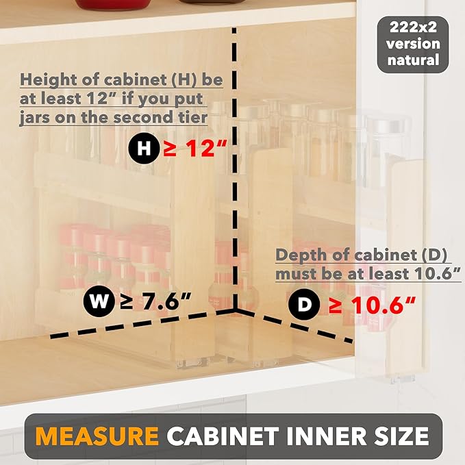 SpaceAid Bamboo Pull Out Spice Rack Organizer for Cabinet, Heavy Duty Slide Out Seasoning Kitchen Pantry Sliding Vertical Organization, 7.6" Wide, 3 Drawers(2" Wide), 2-Tier, Natural - Image 4