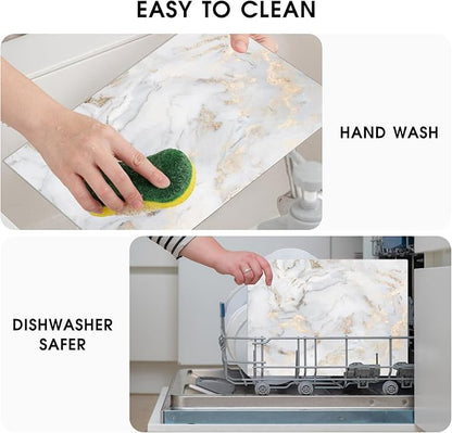 JAMBALAY Tempered Glass Cutting Board for Kitchen, 12"x8" Marble Pattern Cutting Board, Glass Chopping Board with Rubber Non Slip Feet, Heat and Scratch Resistant, Dishwasher Safe, White Golden