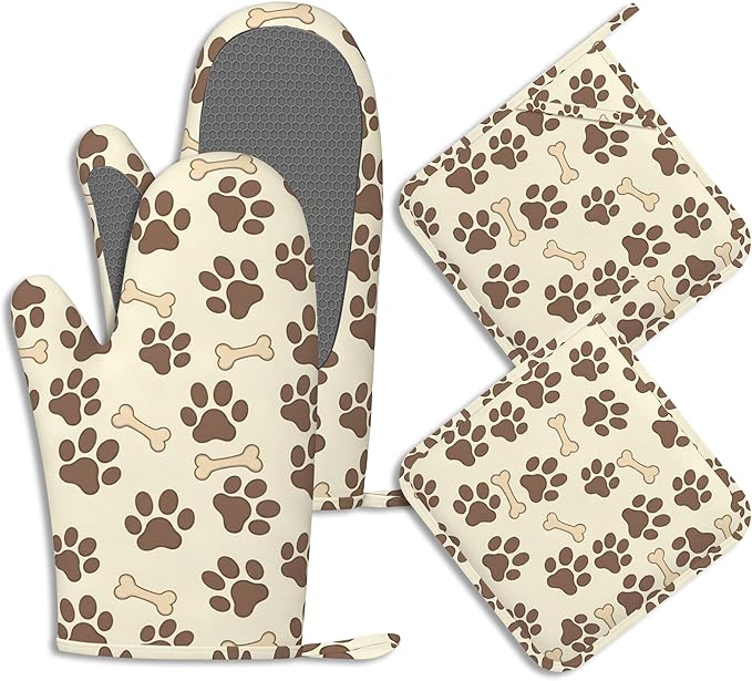 Dog Bone Paw Print Pot Holders and Oven Mitts Set Silicone Cute Animal Paws Kitchen Gloves Potholders Heat Resistant Washable,Chef Cooking Baking Gifts for Women Men Bakers Lover Cooks